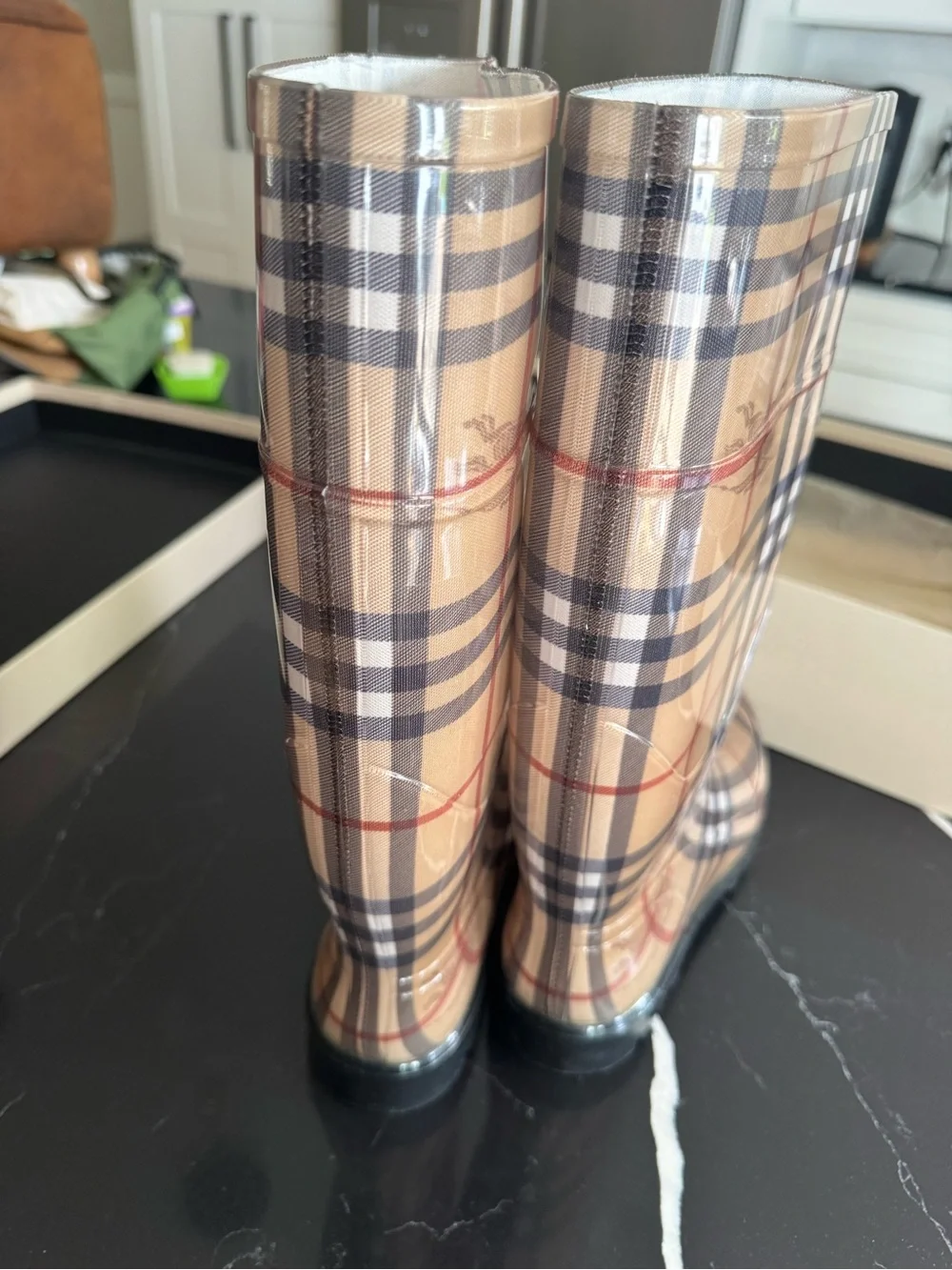 Burberry Beige Plaid Tall Rain Boots with Black‎ Sole